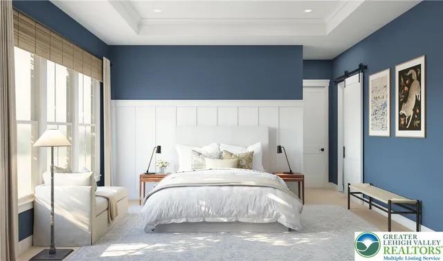 a bedroom with a bed and glass window