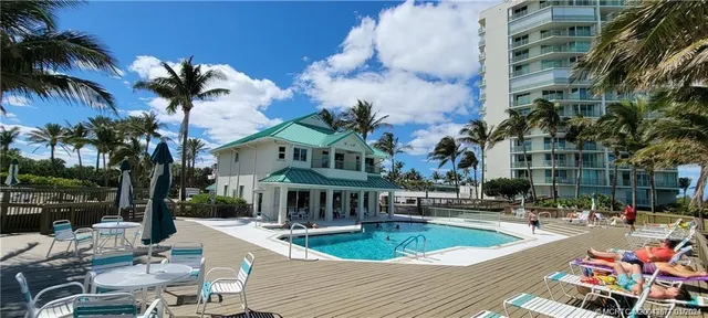 a view of a building with a swimming pool