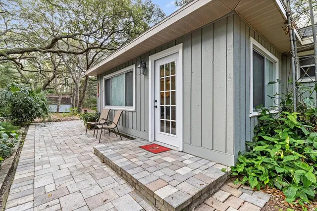 a view of a yard with large tree and wooden fence