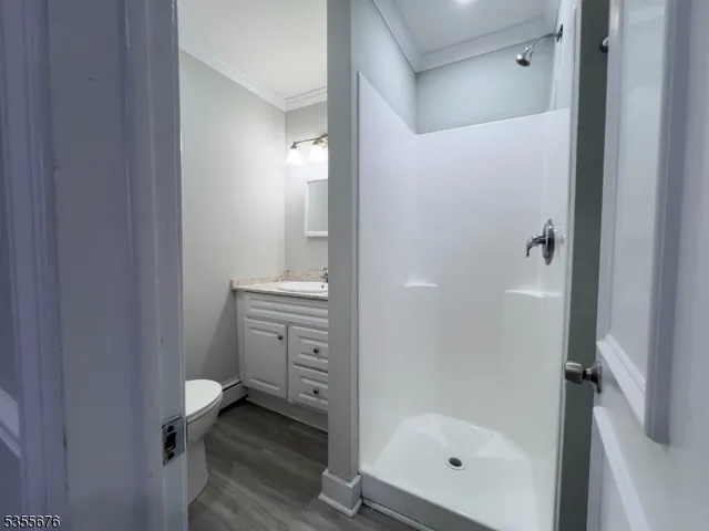 a bathroom with a shower a sink and a mirror