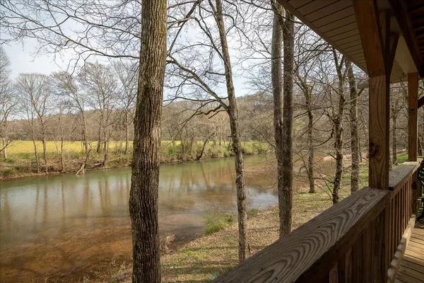 a lake view with large trees and by side of house