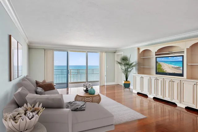 a living room with furniture and a large window with wooden floor