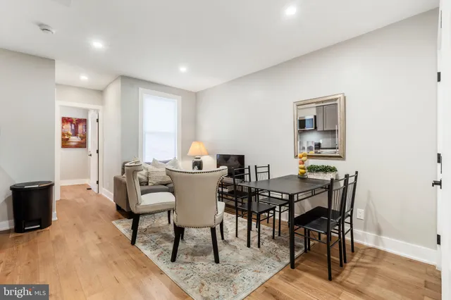 a view of a dining room with furniture