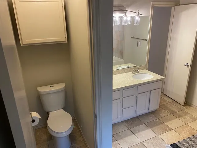 a bathroom with a sink a toilet and a mirror