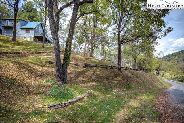 a view of a yard with large trees
