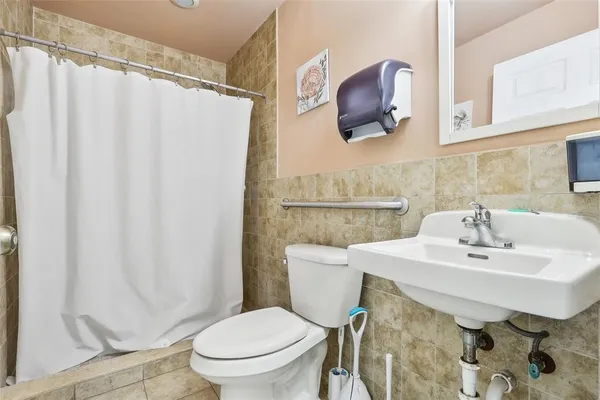 a bathroom with a sink toilet and mirror