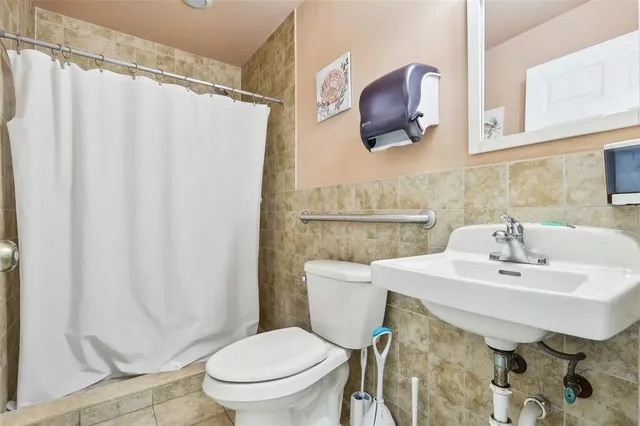 a bathroom with a sink toilet and mirror