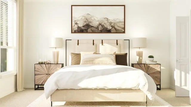 a bedroom with a bed and a painting on the wall