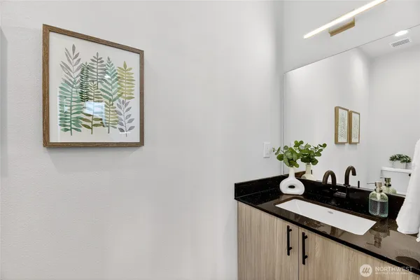 a room with a sink and a potted plant