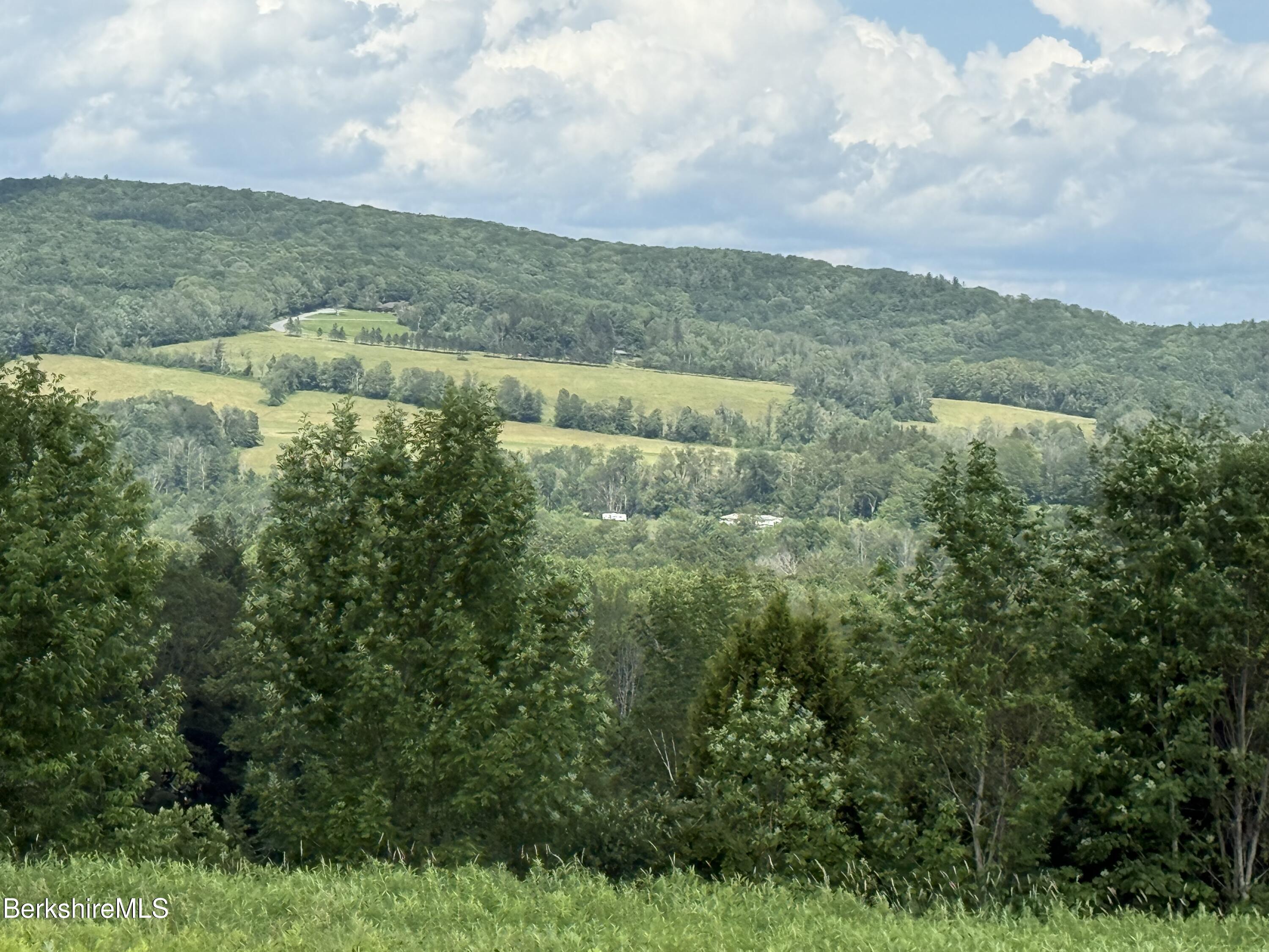 an aerial view of residential houses with outdoor space and trees