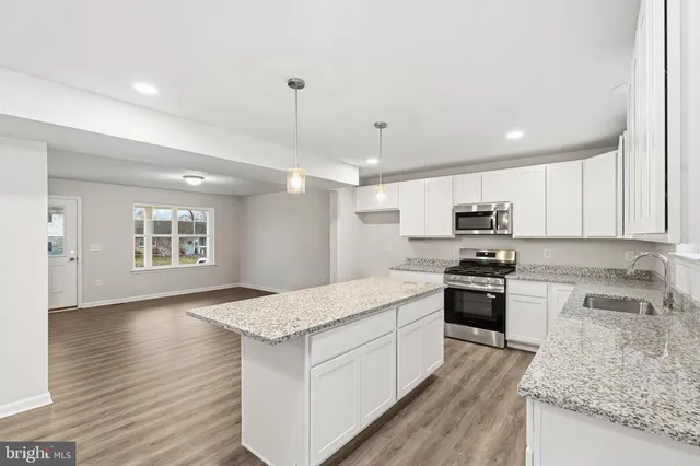 a large kitchen with stainless steel appliances granite countertop a stove a sink dishwasher and a oven with wooden floors
