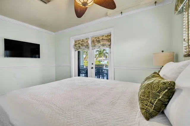 a bedroom with a large bed and a flat screen tv