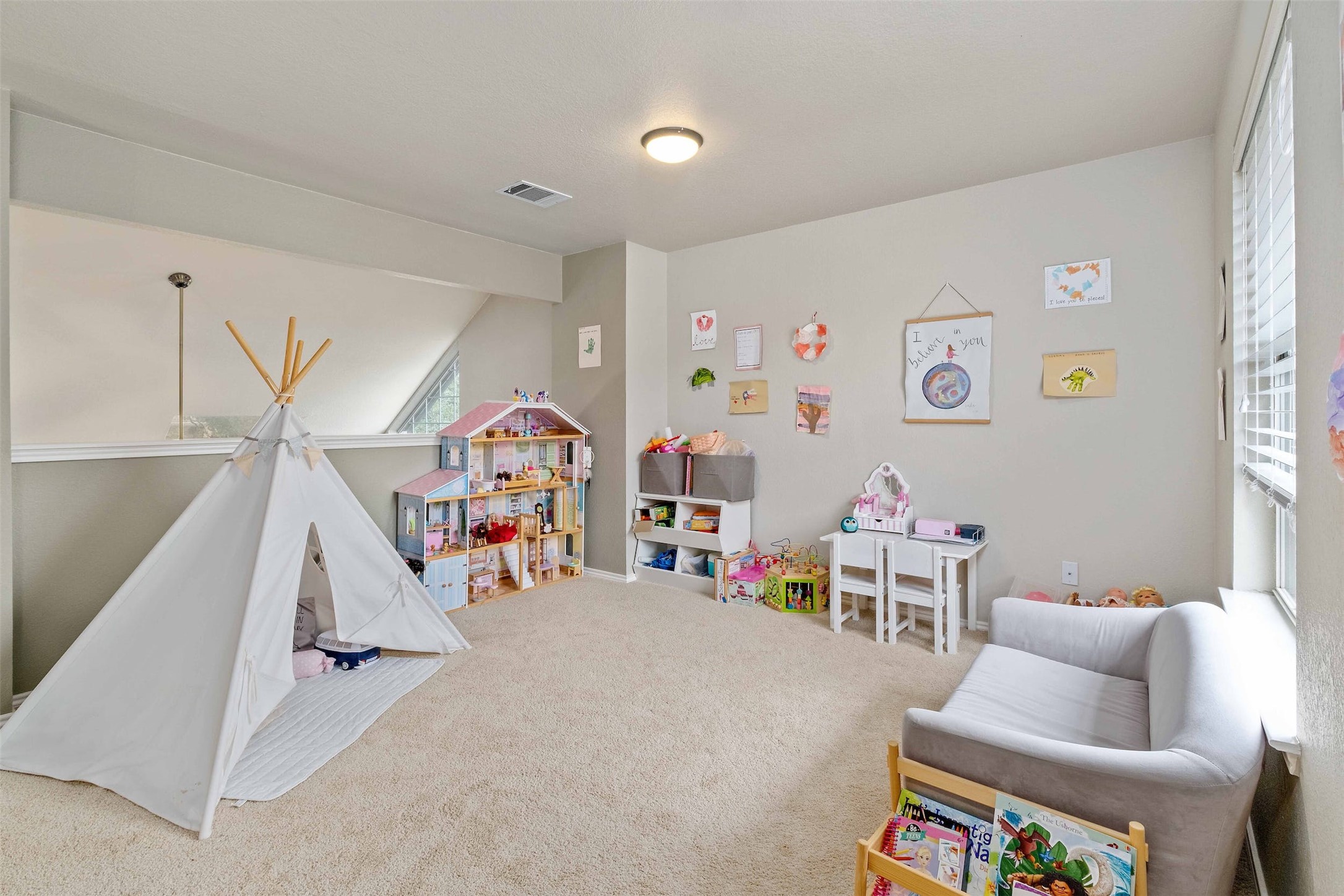 3704 Runnels Court Austin, TX 78732 - Photo 19 of 30 Game room featuring carpet floors, and lofted ceiling with beams