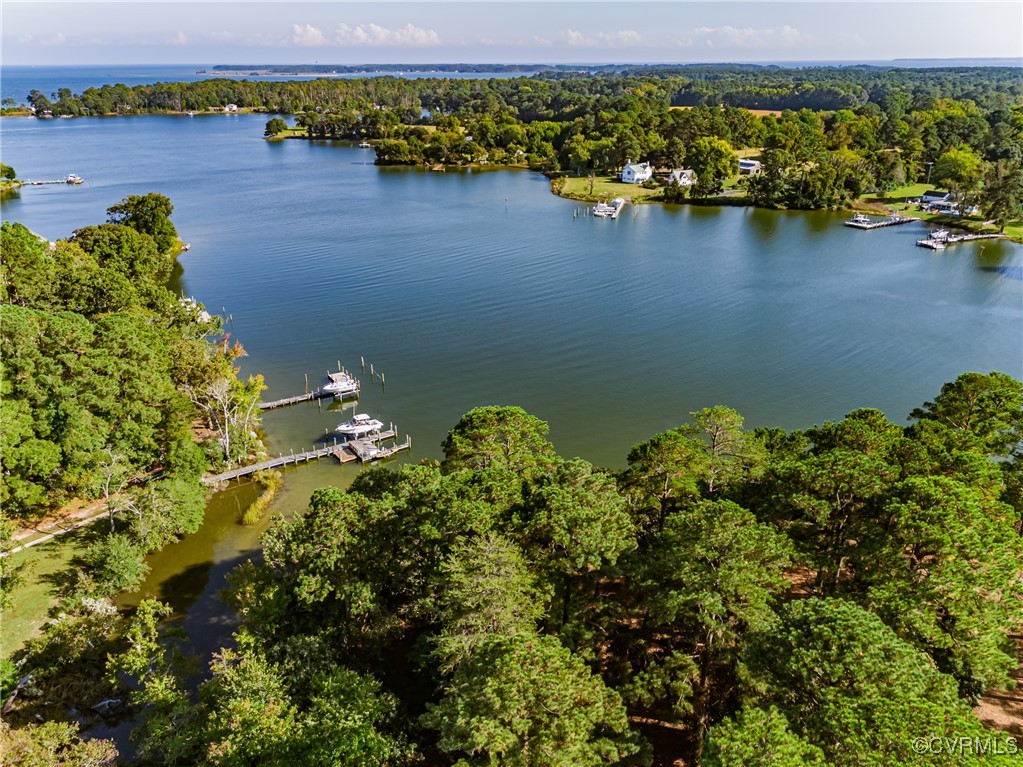 Drone / aerial view of a large body of water and a