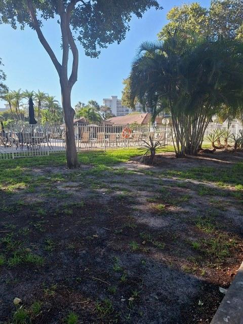 a view of a yard with large trees