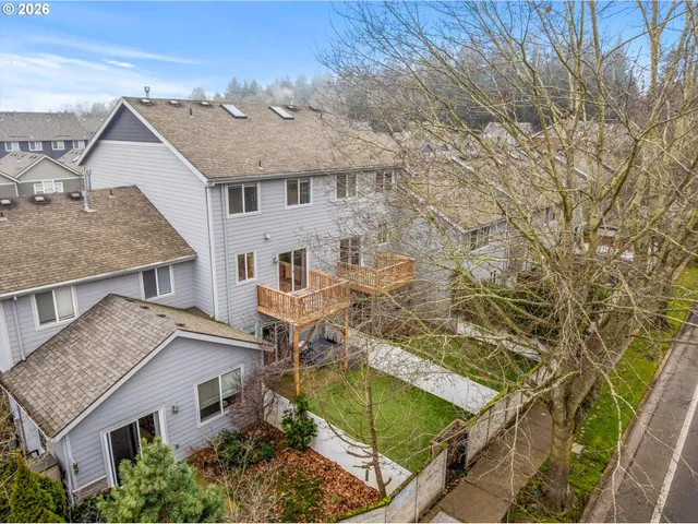 a aerial view of a house with a garden