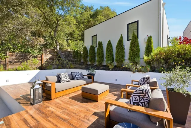 a view of a patio with couches and a potted plant on a table