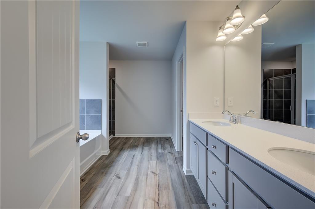 149 St Anne's Place Covington, GA 30016 - Photo 24 of 30 a bathroom with a sink a mirror and a shower