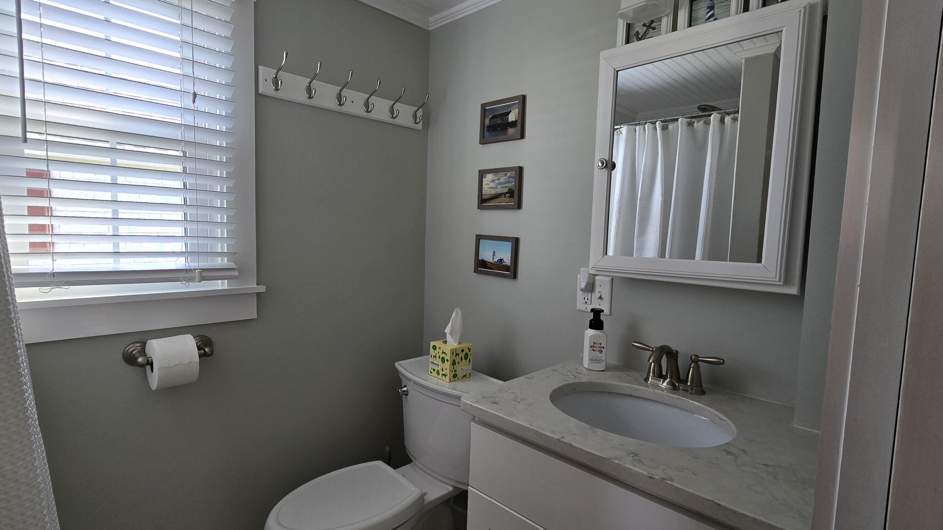 670 Shore Road, Unit 5 Truro, MA 02666 - Photo 15 of 22 a bathroom with a granite countertop sink toilet and mirror