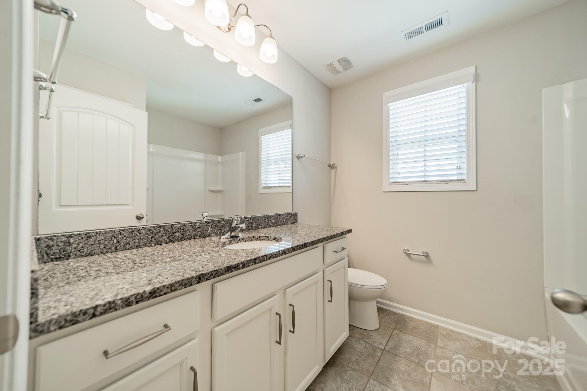 9229 Inverness Bay Road Charlotte, NC 28278 - Photo 21 of 41 a bathroom with a granite countertop sink a large mirror and a toilet