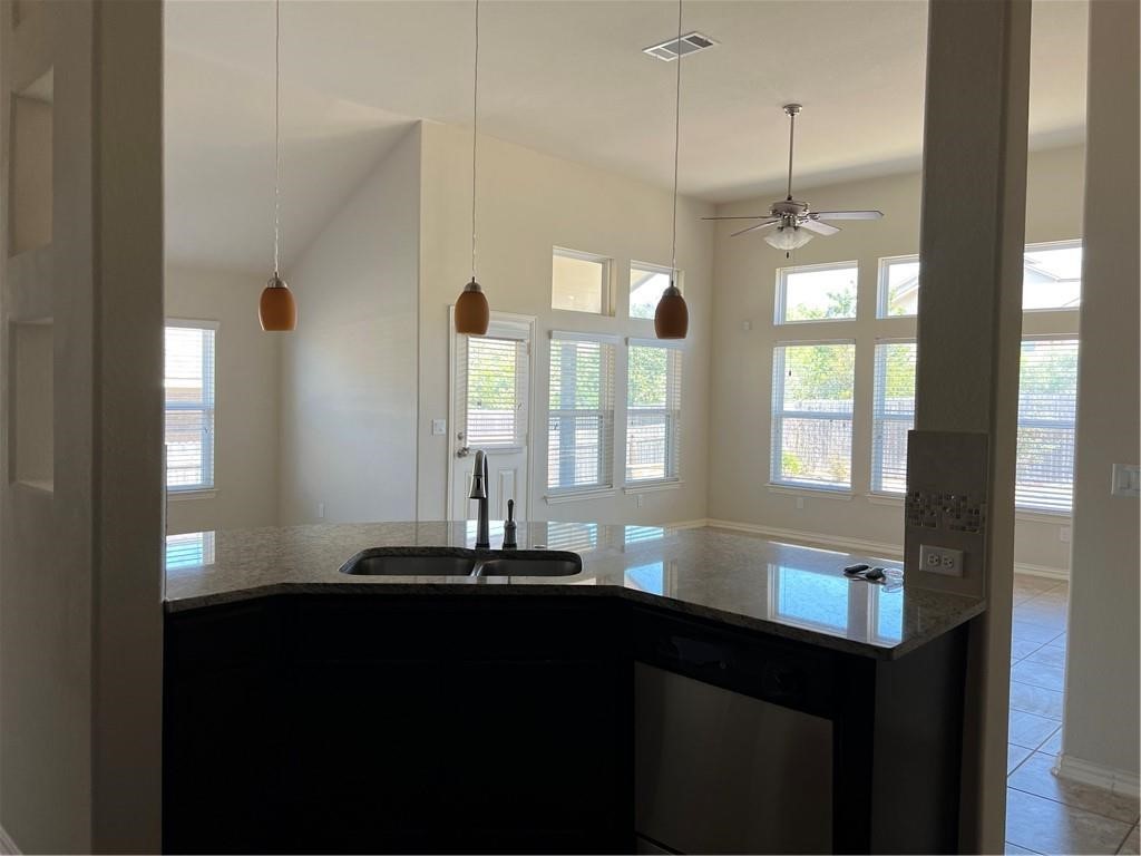 3645 Rams Horn Way Round Rock, TX 78665 - Photo 13 of 16 Kitchen with dishwasher, light stone counters, pendant lighting, and plenty of natural light