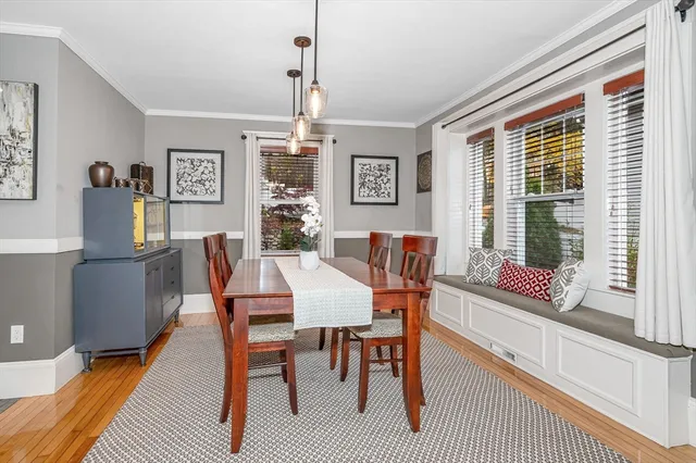 a view of a dining room with furniture