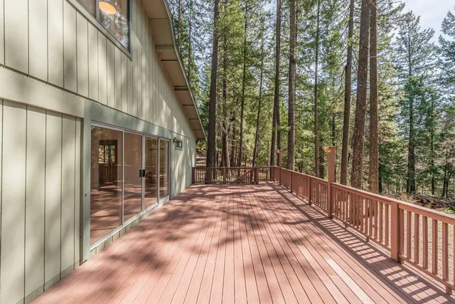a view of backyard with large trees and wooden floor