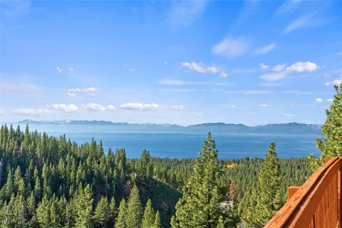 a view of a lake with a garden