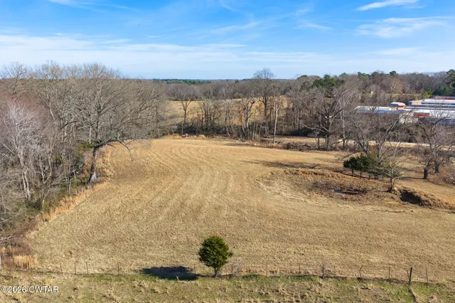 a view of dirt field with trees in the background