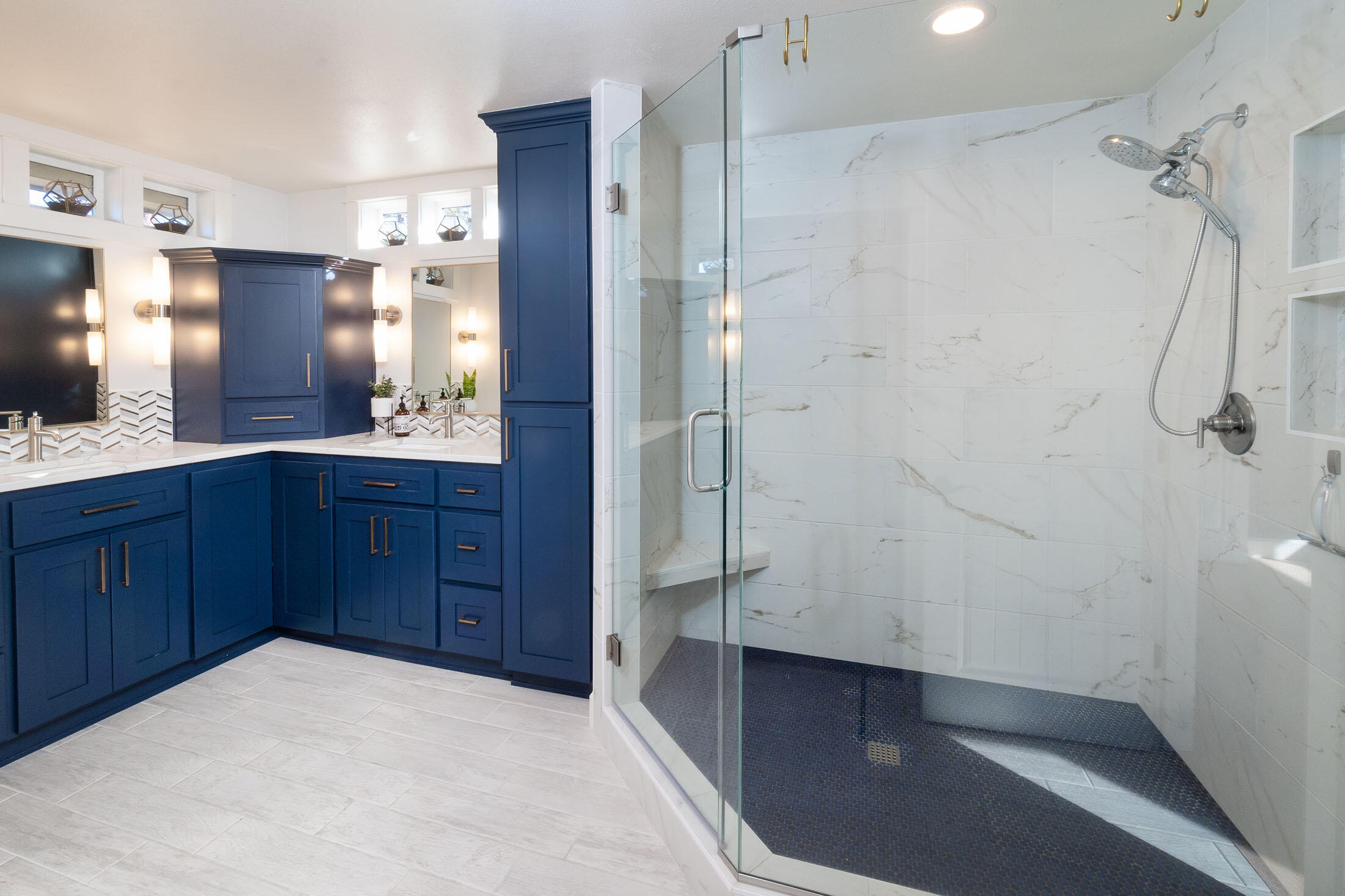 61151 Parrell Road Bend, OR 97702 - Photo 14 of 47 Primary bathroom with extra large tiled shower and dual vanities