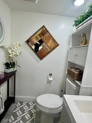 a bathroom with a toilet a sink and mirror