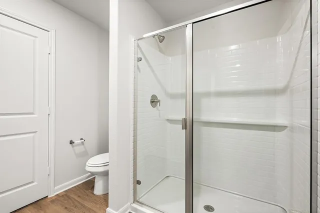 a bathroom with a shower and a toilet