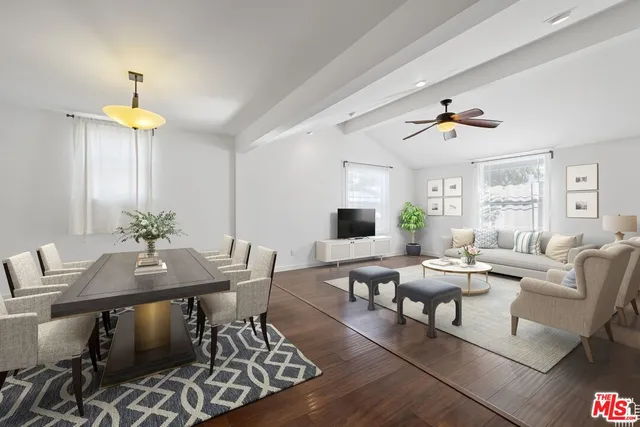 a view of dining room with furniture and wooden floor