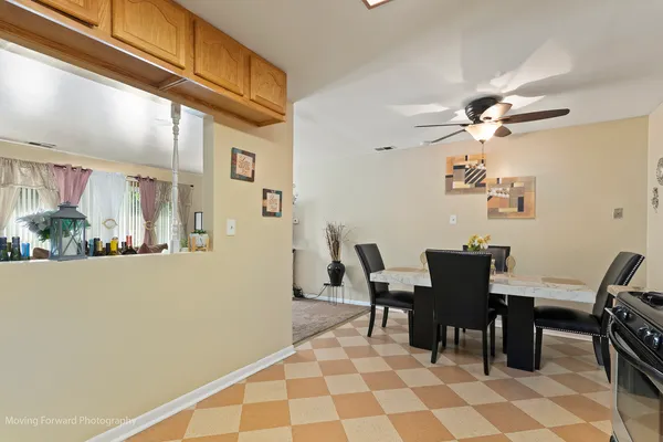 a view of a dining room with furniture