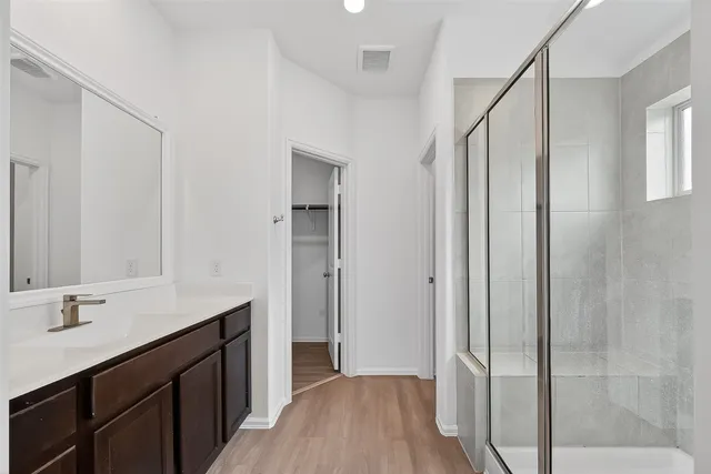a bathroom with a sink a mirror and a shower