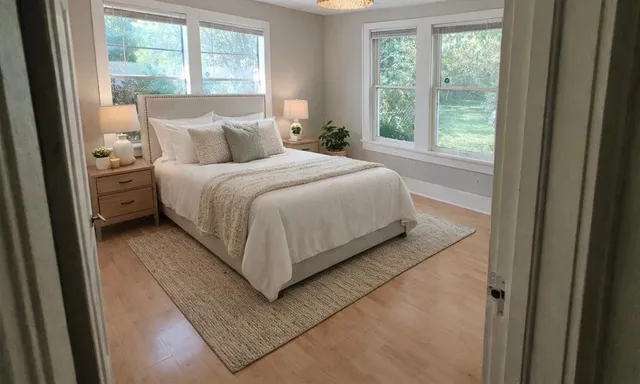 a bed sitting in a bedroom next to a window