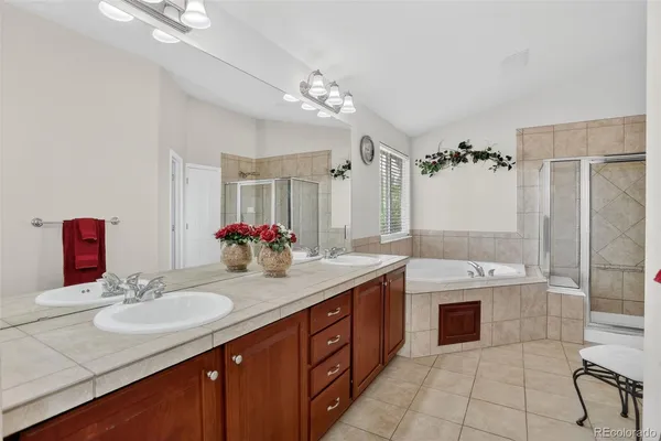 a bathroom with a tub sink and mirror