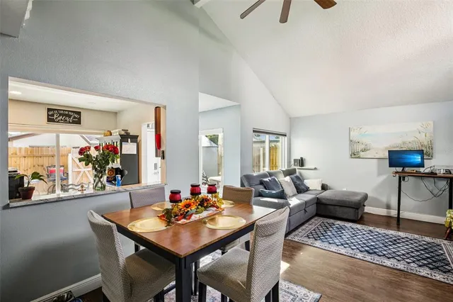 a view of a dining room with furniture