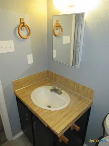 a bathroom with a sink and a mirror