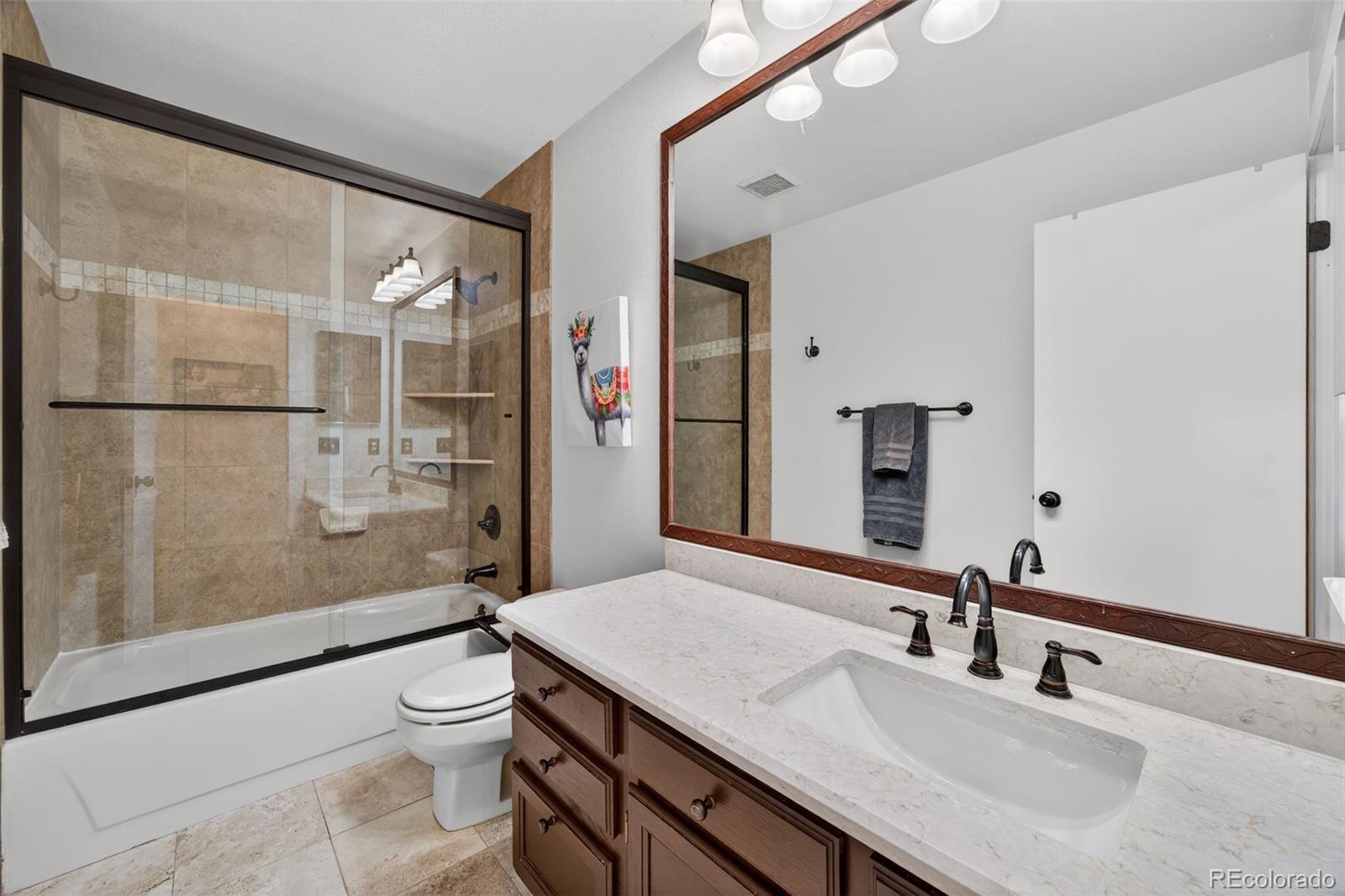 8764 Wildrose Court Highlands Ranch, CO 80126 - Photo 8 of 50 a bathroom with a sink a toilet a mirror and shower