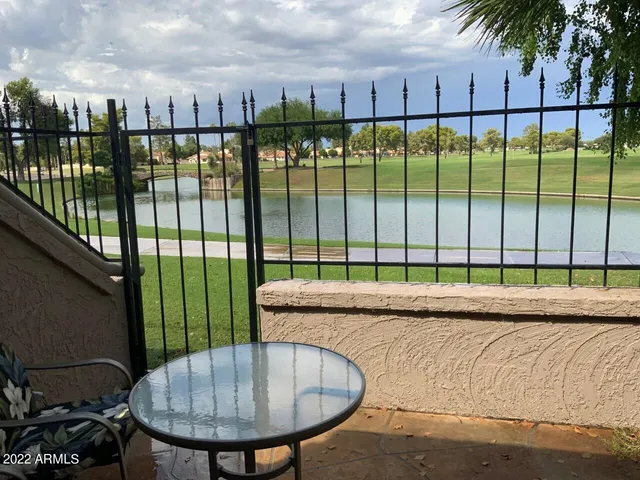 a view of a backyard with table and chairs potted plants