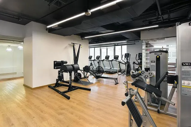 a view of a room with gym equipment