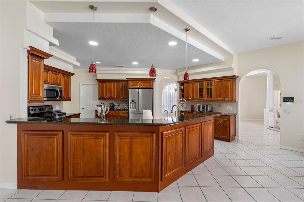 9336 Tooke Shore Drive Weeki Wachee, FL 34613 - Photo 9 of 44 a kitchen with stainless steel appliances granite countertop a refrigerator and a stove top oven