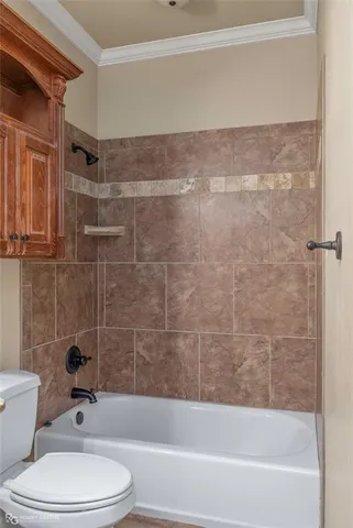 a bathroom with a bathtub and a toilet