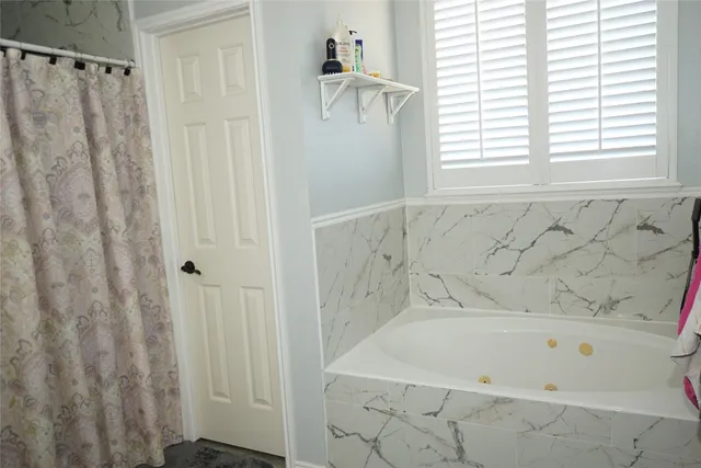 a bathroom with a bathtub and a shower