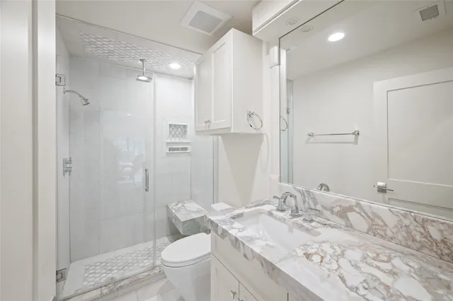 a bathroom with a granite countertop sink toilet and shower
