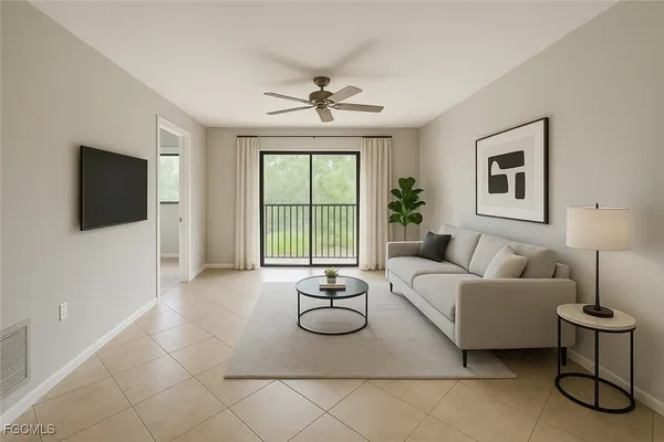 a living room with furniture a flat screen tv and a large window