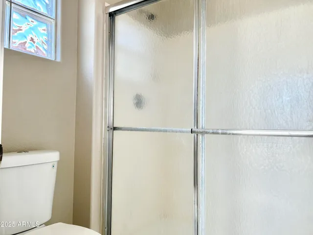 a bathroom with a shower and a toilet