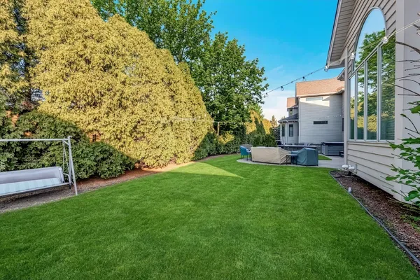 a view of a backyard with couches plants and large trees