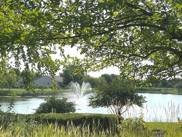 a backyard of a house with a yard and outdoor seating